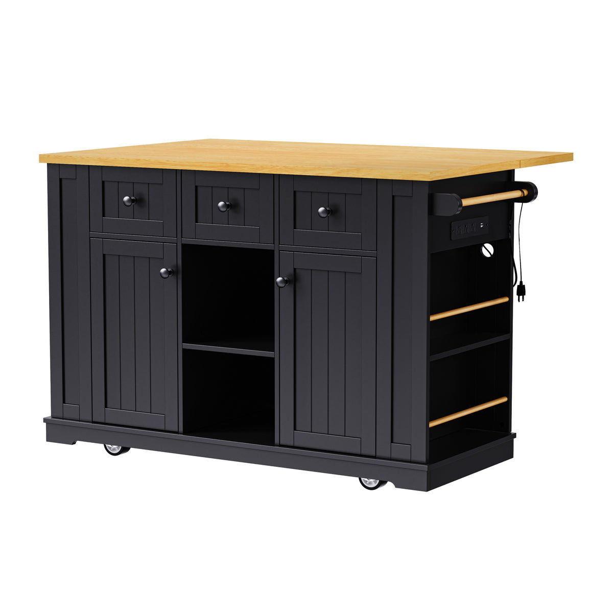 K&K 53inch Large Kitchen Island with Drop Leaf, Power Outlet, Door Internal Storage Rack, Rolling Kitchen Cart on 5 Wheels with 5 Open Side Racks for Kitchen, Dining Room,Black(Not include bar stools) N707P185531B-djyc