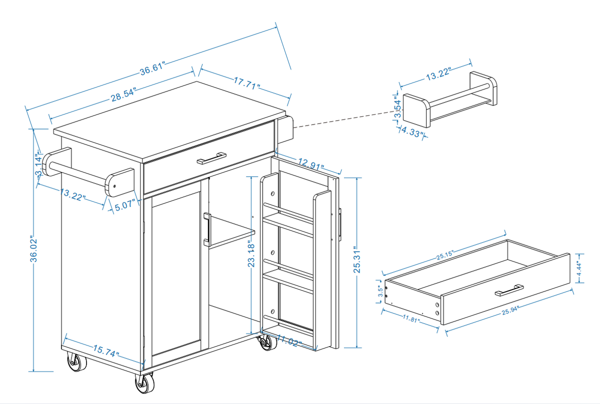 Kitchen island rolling trolley cart with 1 drawer & 2 doors with storage racks & Adjustable Shelves & towel rack & seasoning rack rubber wood table top-White W282P163314-djyc