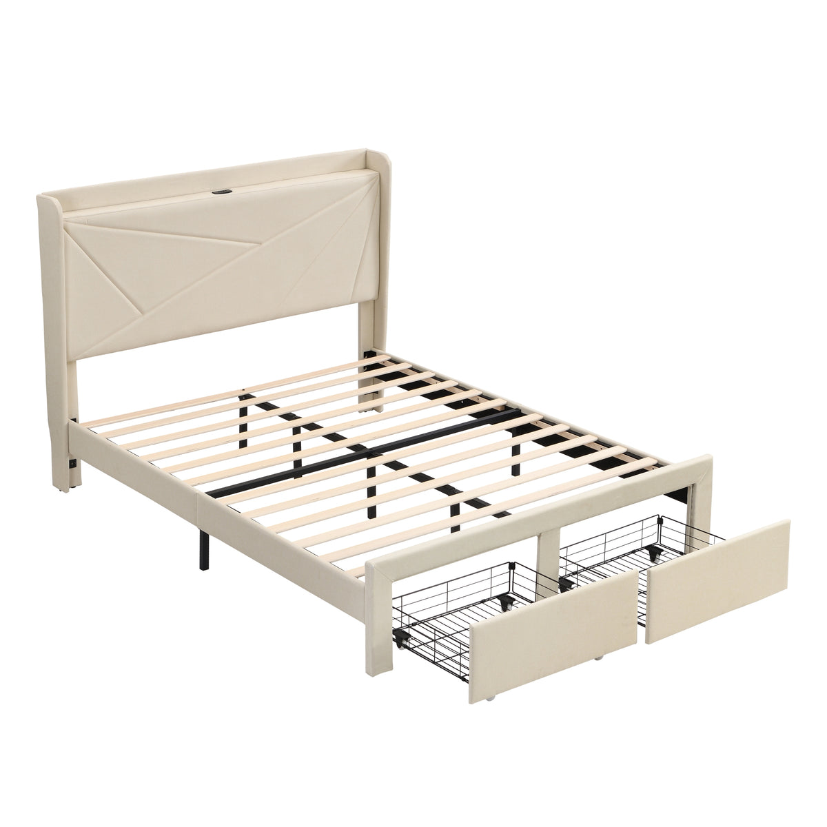 Full Size Bed Frame with 2 Storage Drawers, Upholstered Bed Frame with Wingback Headboard Storage Shelf Built-in USB Charging Stations and Strong Wood Slats Support, No Box Spring Needed, Beige W1916126256-djyc