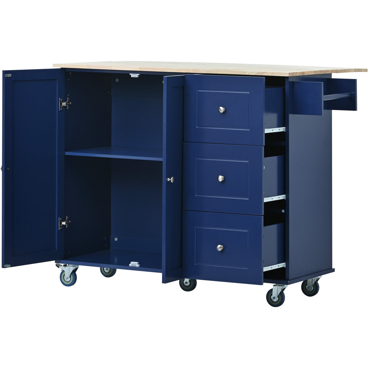 Rolling Mobile Kitchen Island with Drop Leaf - Solid Wood Top, Locking Wheels & Storage Cabinet 52.7 Inch Width(Dark blue) WF287035AAN-djyc