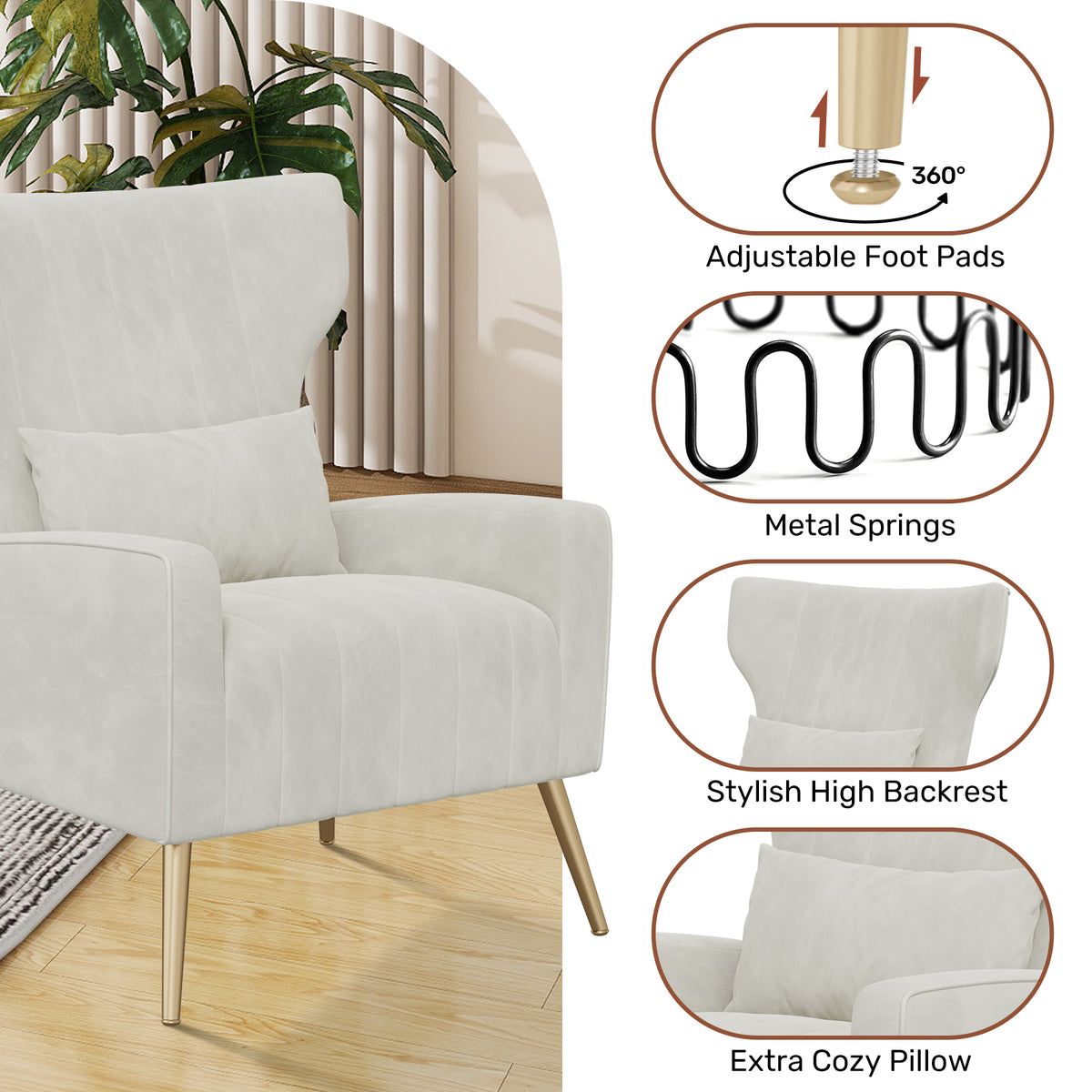 Fashionable High-Back Velvet Upholstered Armchair: High-Density Foam & Adjustable Feet FU01055-wz