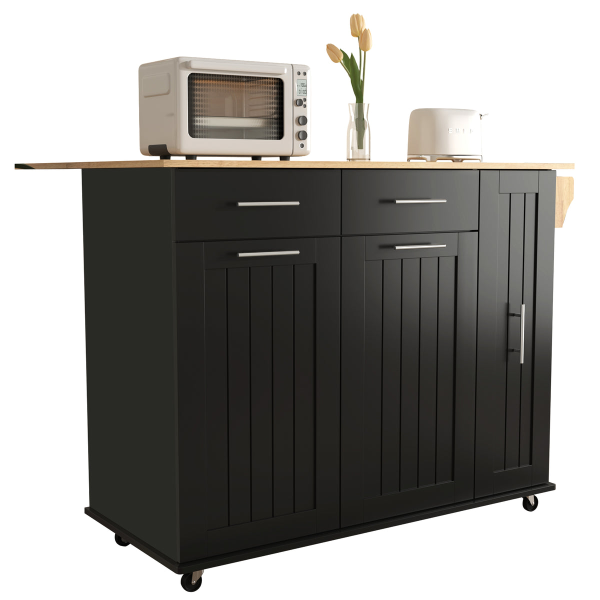 K&K Kitchen Island with Drop Leaf, Kitchen Storage Cart with 3 Tier Pull Out Cabinet Organizer, Internal Storage Rack, Rolling Kitchen Cart on Wheels with Towel Rack, 2 Drawers, for Kitchen, Black WF531421AAB-djyc