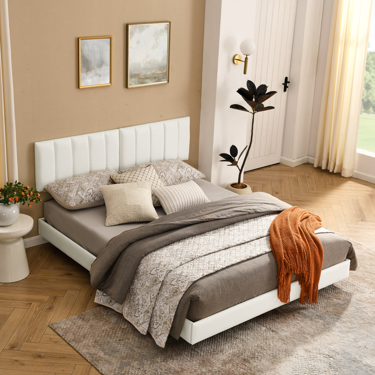 Queen Floating Bed Frame with Wall Mounted Headboard Modern Low Profile Platform Bed Frame Queen Size Faux Leather Upholstered Platform Bed Frame,No Box Spring Needed,White W487P169720-djyc