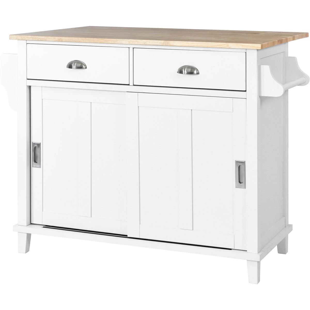 Kitchen Cart with Rubber wood Drop-Leaf Countertop, Concealed sliding barn door adjustable height,Kitchen Island on 4 Wheels with Storage Cabinet and 2 Drawers,L52.2xW30.5xH36.6 inch, White SK000001AAW-djyc