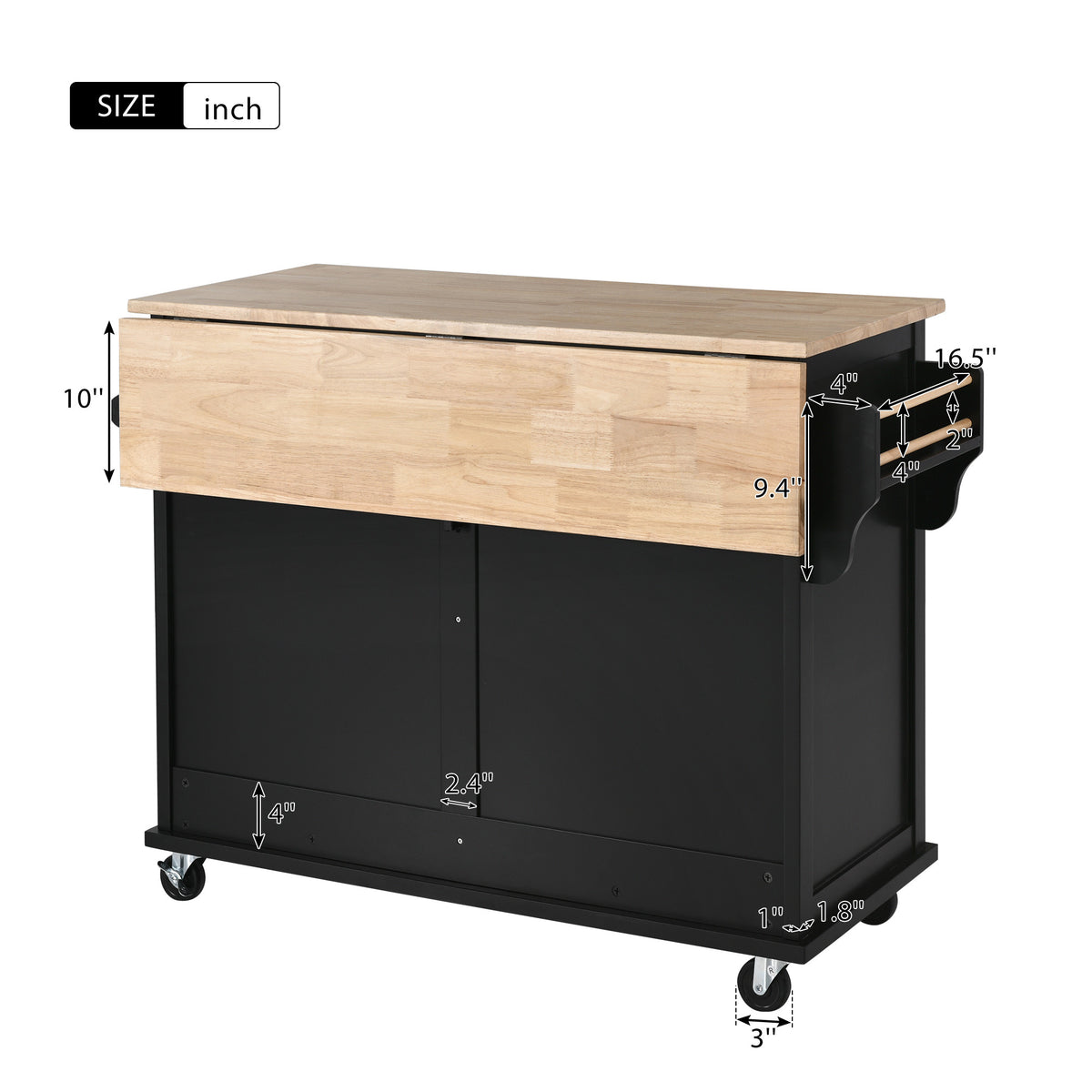 Kitchen Cart with Rubber wood Drop-Leaf Countertop, Concealed sliding barn door adjustable height,Kitchen Island on 4 Wheels with Storage Cabinet and 2 Drawers,L52.2xW30.5xH36.6 inch, Black SK000001AAB-djyc