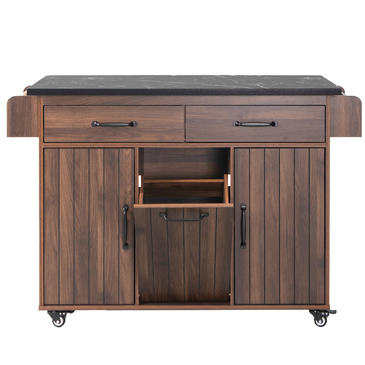 K&K Kitchen Island with Trash Can Storage Cabinet, Kitchen Cart with Drop Leaf, Spice Rack, Towel Rack and Drawer, Rolling Kitchen Island on Wheels with Adjustable Shelf, Walnut Brown WF326381AAZ-djyc