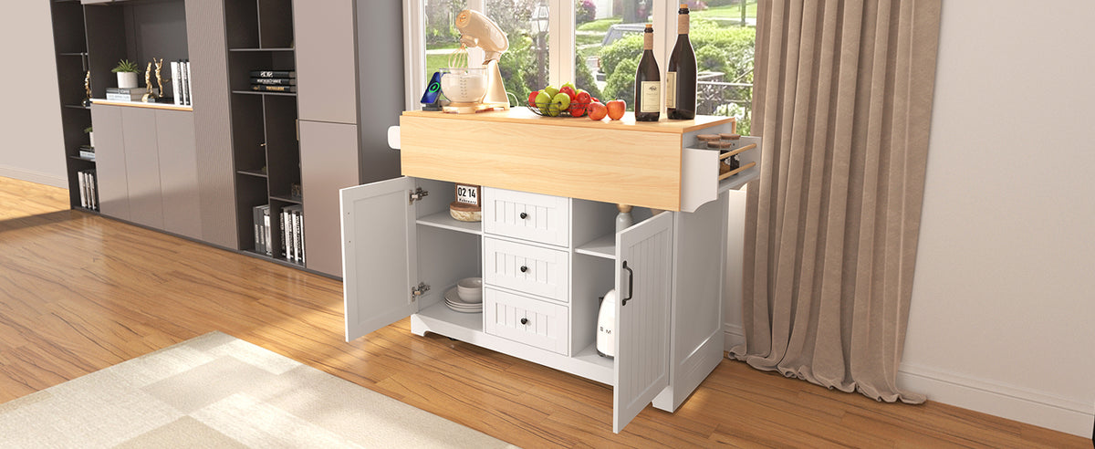 K&K 55.7'' Large Kitchen Island with 2 Drop Leaf,, Rolling Kitchen Cart on 5 Wheels with Power Outlet, Folding Storage Dining Table with Spice & Towel Rack , 3 Drawers, for Kitchen, Dining Room,White N707P186617W-djyc