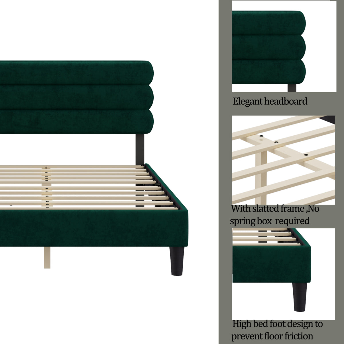 King Bed Frame with Headboard,Sturdy Platform Bed with Wooden Slats Support,No Box Spring,Mattress Foundation,Easy AssemblyGreen W1793140488-djyc