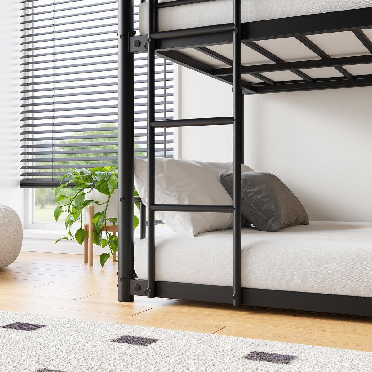 Triple Twin Bunk Beds, Twin Over Twin Over Twin Metal Bunk Bed Platform Frame, Two Attached Ladders, Easy Access Guard-Rail, No Box Spring Need (Black) W840P209935-djyc