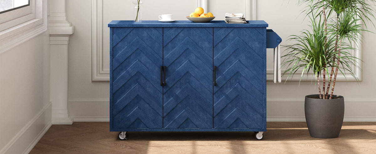 K&K 51.2"W 3D Wave Stripes Ash Veneer(Not Cheap Paper) Kitchen Island with Drop Leaf, Farmhouse Kitchen Island on Wheels with Internal Storage Rack, Rolling Kitchen Cart (Navy Blue) N707P207915E-djyc