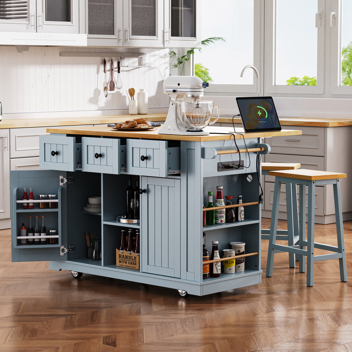 K&K 53inch Large Kitchen Island with 2 Bar Stools, Power Outlet,Door Internal Storage Rack,Kitchen Storage Cart on 5 Wheels with Drop Leaf,5 Open Side Racks,3 Drawers for Kitchen,Dining Room,Grey Blue N707S000007G-djyc