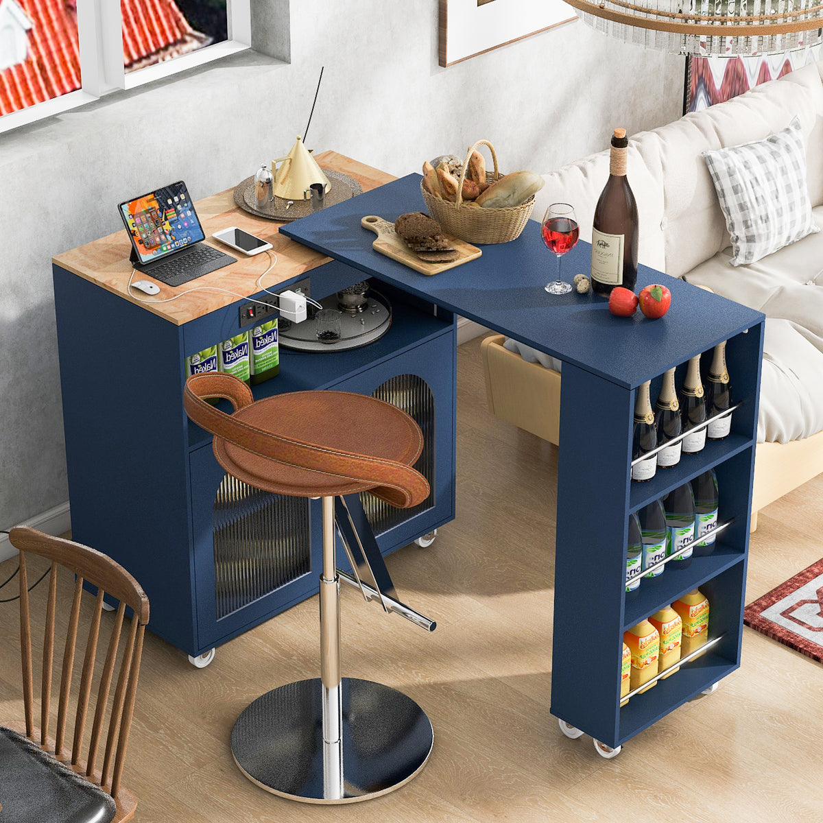 K&K Rolling Kitchen Island With Extended Table, Kitchen Island on Wheels with LED Lights,Power Outlets and 2 Fluted Glass Doors, Kitchen Island with a Storage Compartment and Side 3 Open Shelves, Navy WF316018AAN-djyc