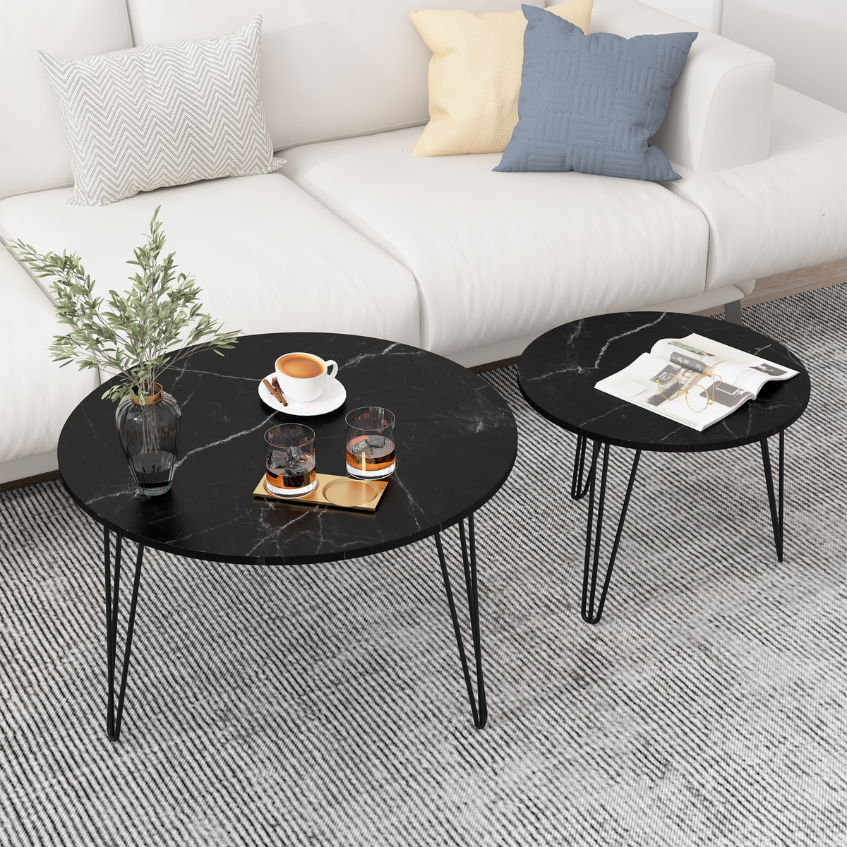 27.56'' Round Nesting Coffee Table Set of 2, Circular Nesting End Table Set, Round Marble Tabletop, and Sturdy Metal Base for Living Room, bedroom, Black W808P176733-djyc