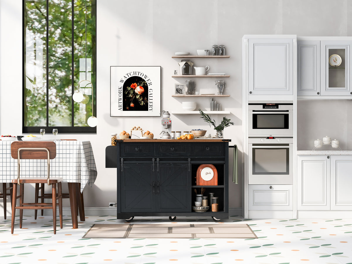 K&K 53.7" Farmhouse Kitchen Island with Power Outlet, 2 Sliding Barn Door Kitchen Storage Island with Drop Leaf, Spice Rack Rolling Kitchen Cart on Wheels, for Home, Kitchen and Dining Room, Black N707P170347B-djyc