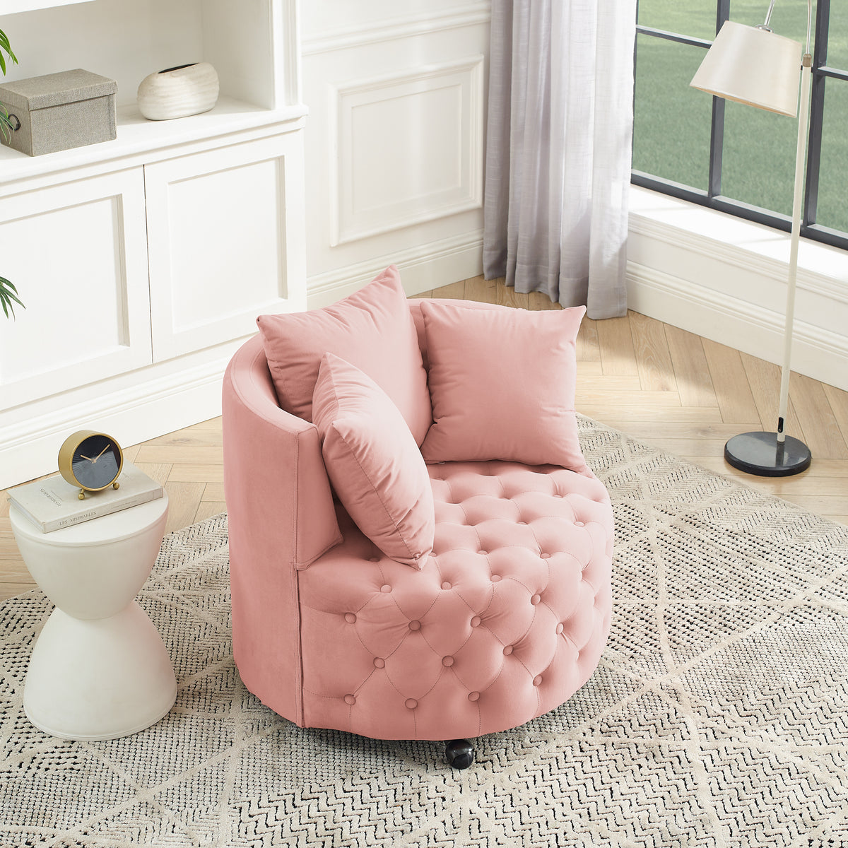 Velvet Upholstered Swivel Chair for Living Room, with Button Tufted Design and Movable Wheels, Including 3 Pillows, Pink W487124836-djyc