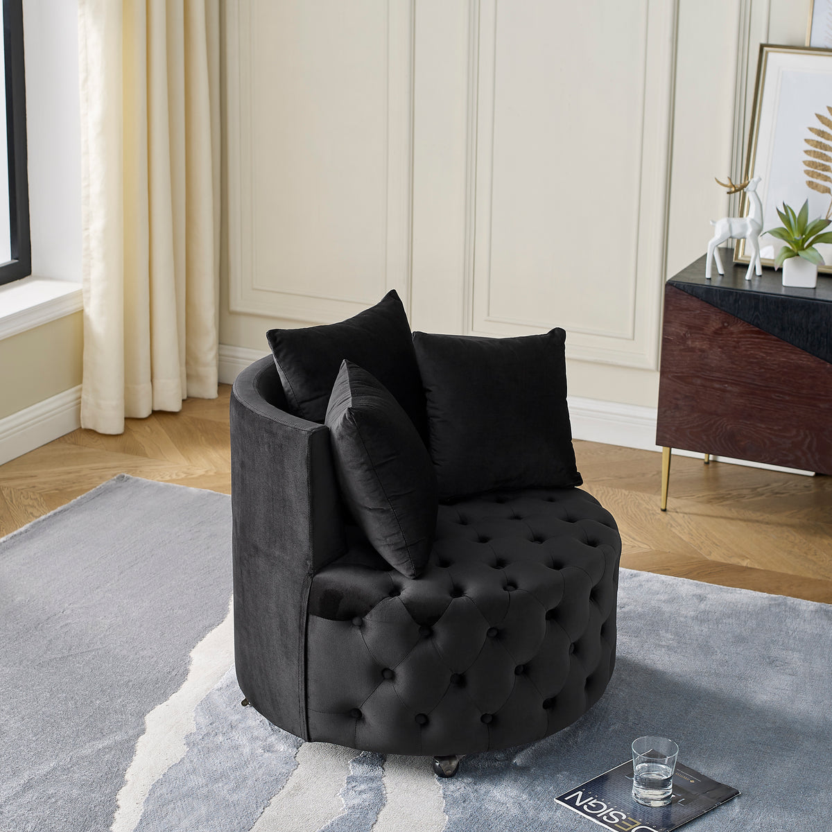 Velvet Upholstered Swivel Chair for Living Room, with Button Tufted Design and Movable Wheels, Including 3 Pillows, Black W48790917-djyc