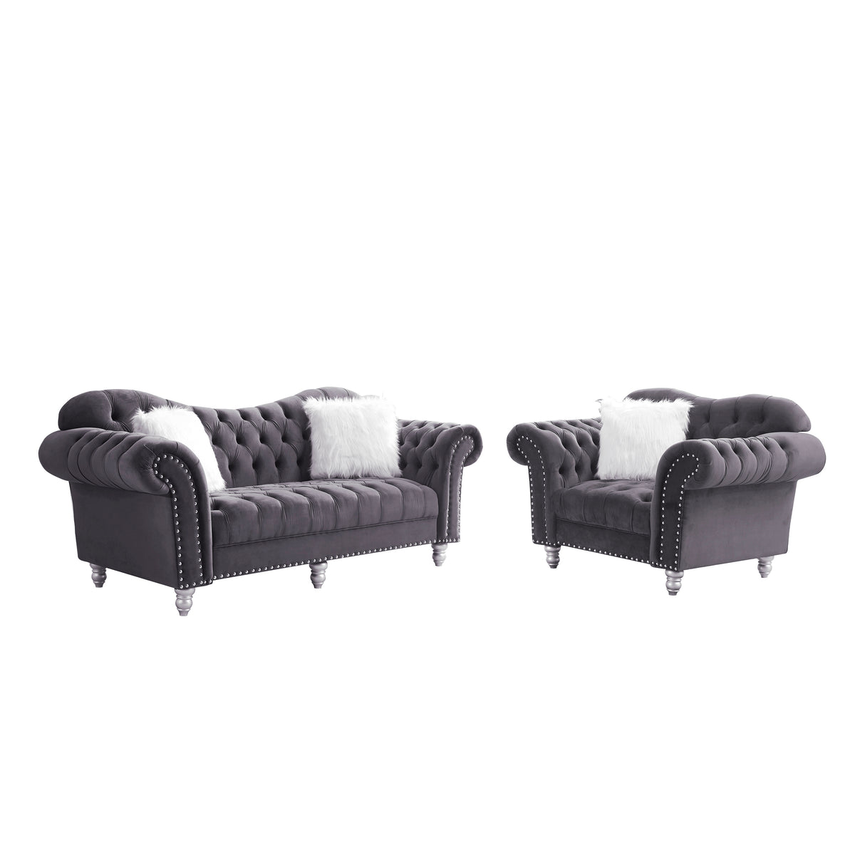 3 Piece Living Room Sofa Set, including 3-Seater Sofa, Loveseat and Sofa Chair, with Button and Copper Nail on Arms and Back, Five White Villose Pillow, Grey. W487S00050-djyc