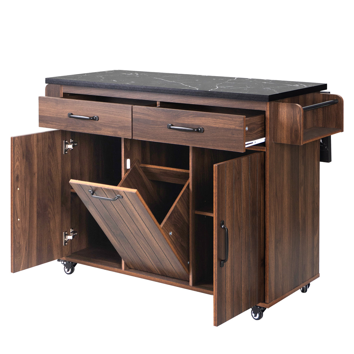 K&K Kitchen Island with Trash Can Storage Cabinet, Kitchen Cart with Drop Leaf, Spice Rack, Towel Rack and Drawer, Rolling Kitchen Island on Wheels with Adjustable Shelf, Walnut Brown WF326381AAZ-djyc