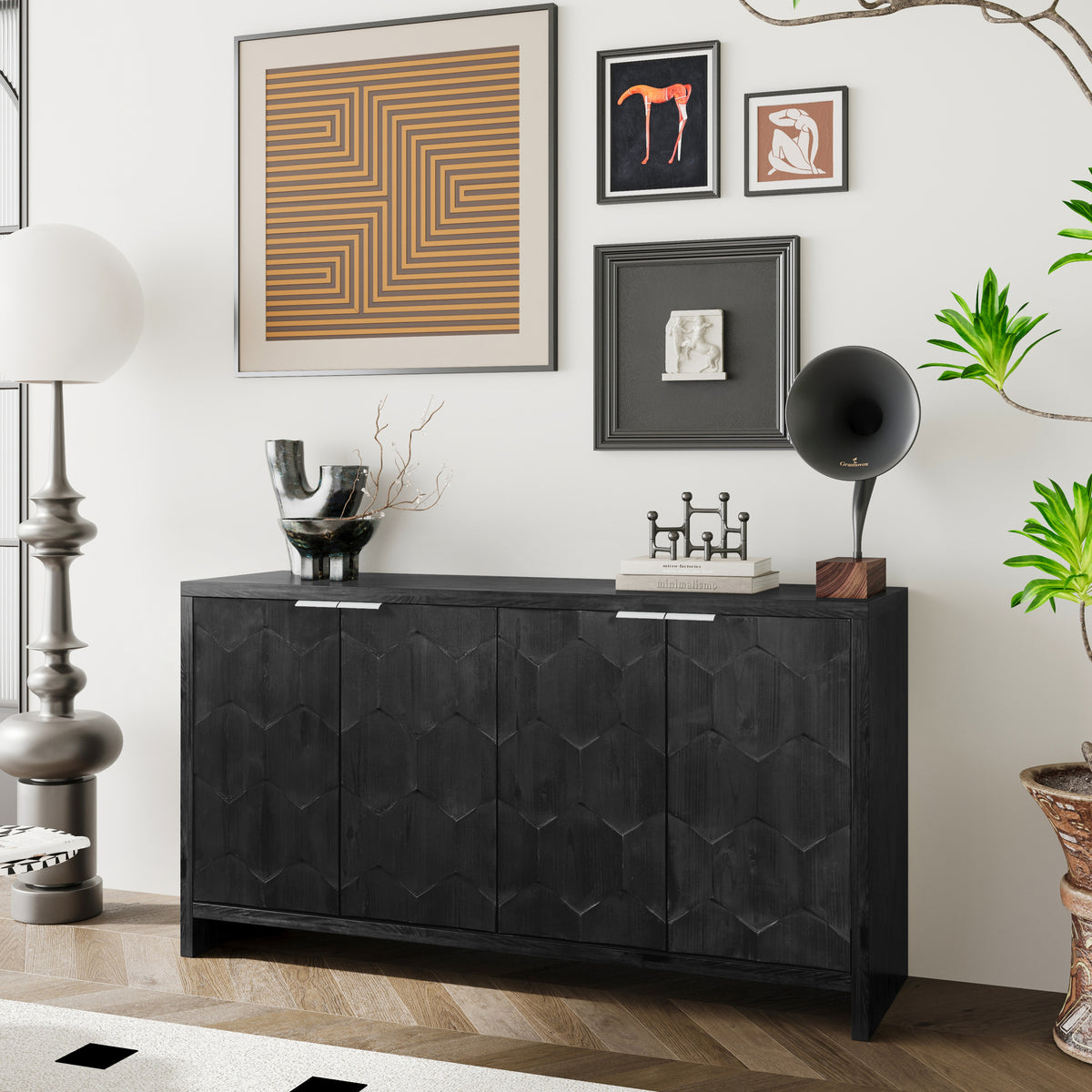 Accent Cabinet Farmhouse Style 4 Door Wooden Cabinet Sideboard Buffet Server Cabinet Storage Cabinet, for Living Room, Entryway, Hallway, Office, Kitchen and Dining Room, Distressed Black W1435P151583-djyc