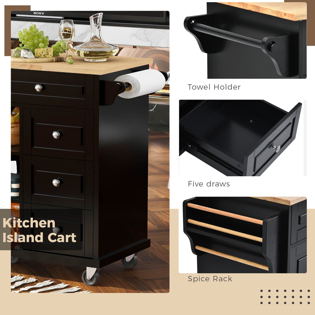 Kitchen cart with Rubber wood desktop rolling mobile kitchen island with storage and 5 drawers 53 Inch length (Black) WF297003AAB-djyc