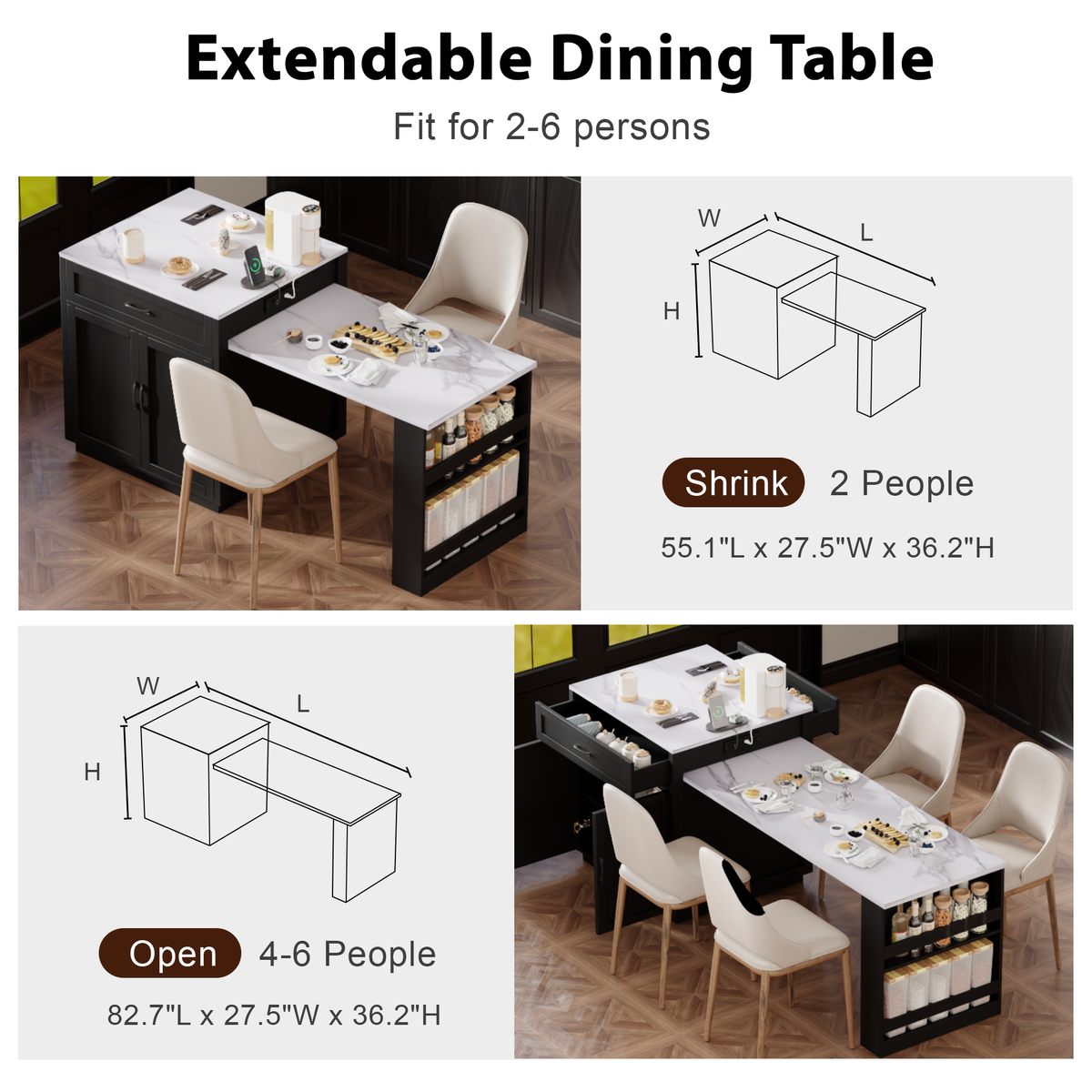 K&K 82.7 inch Kitchen Island with Extendable Dining Table for 4-6 Person,Faux Mable Kitchen Table with Double-sized Storage,Power Outlet,Kitchen island with Storage 2 Drawers 2 Side Open Shelves,Black N707S000010B-djyc