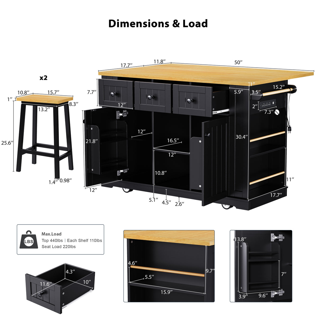 K&K 53inch Large Kitchen Island with 2 Bar Stools, Power Outlet,Door Internal Storage Rack, Kitchen Storage Cart on 5 Wheels with Drop Leaf, 5 Open Side Racks, 3 Drawers, for Kitchen,Dining Room,Black N707S000007B-djyc