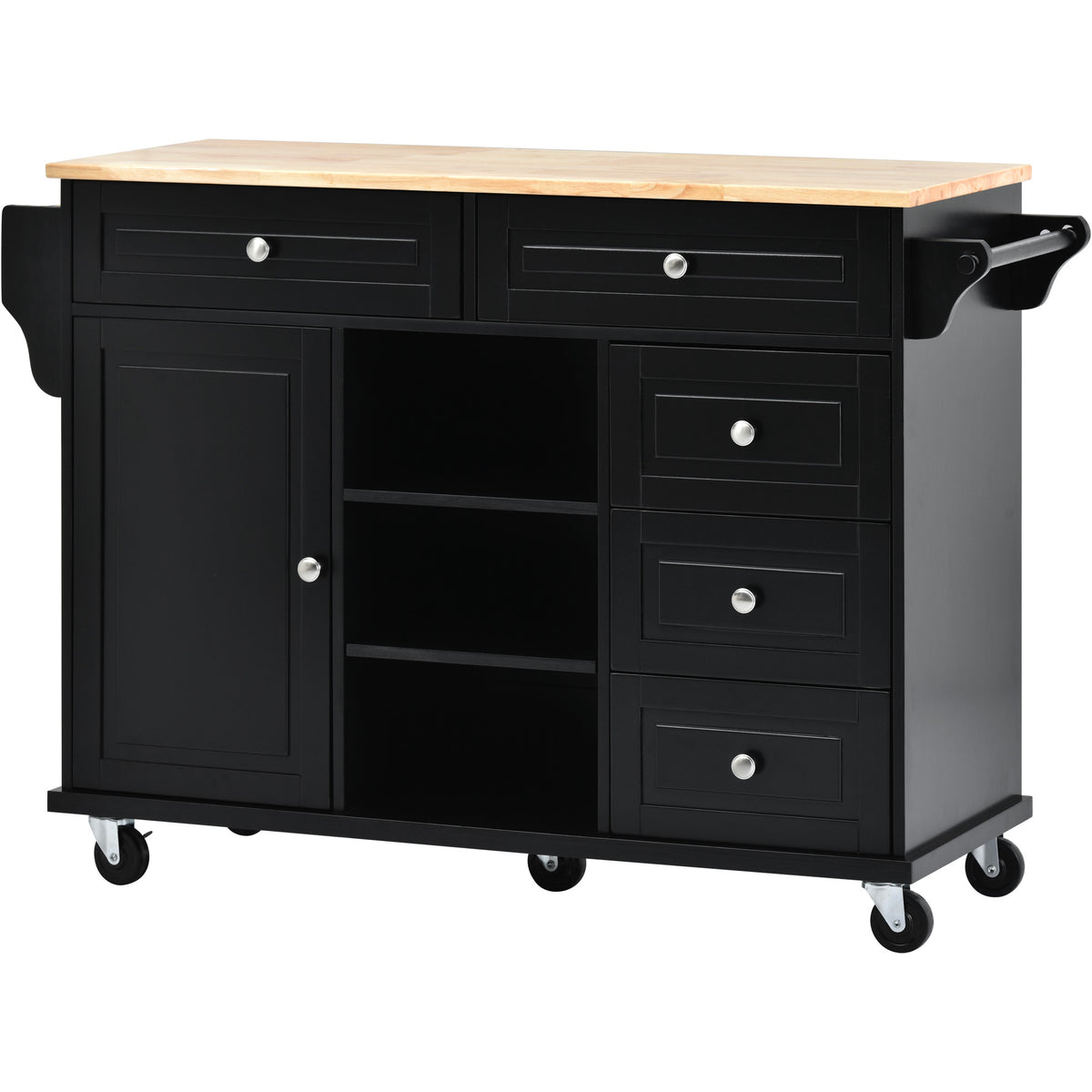 Kitchen cart with Rubber wood desktop rolling mobile kitchen island with storage and 5 drawers 53 Inch length (Black) WF297003AAB-djyc