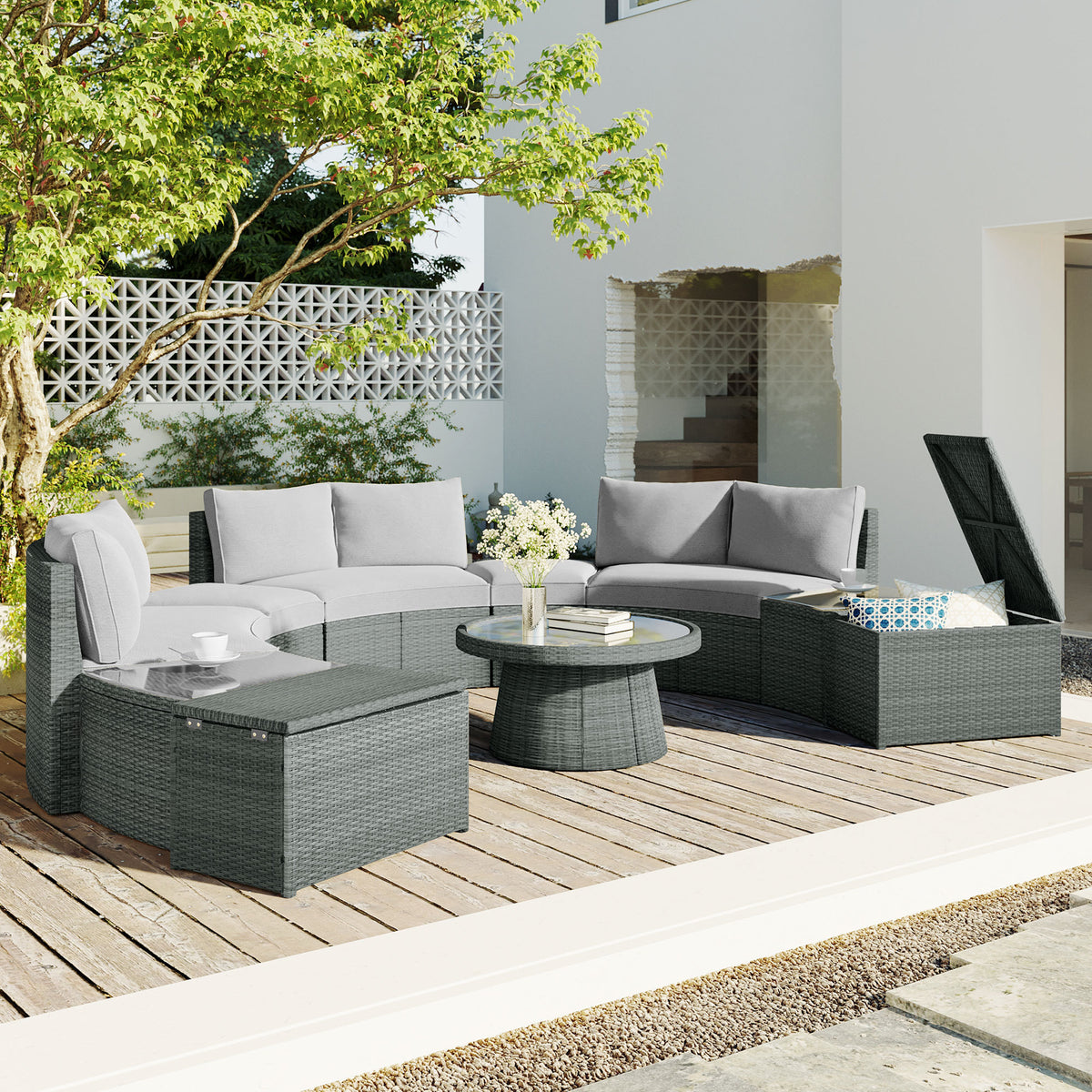 TOPMAX 10-Piece Outdoor Sectional Half Round Patio Rattan Sofa Set, PE Wicker Conversation Furniture Set for Free Combination, Light Gray SP100002AAE-djyc