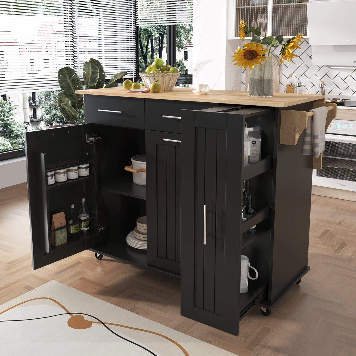 K&K Kitchen Island with Drop Leaf, Kitchen Storage Cart with 3 Tier Pull Out Cabinet Organizer, Internal Storage Rack, Rolling Kitchen Cart on Wheels with Towel Rack, 2 Drawers, for Kitchen, Black WF531421AAB-djyc