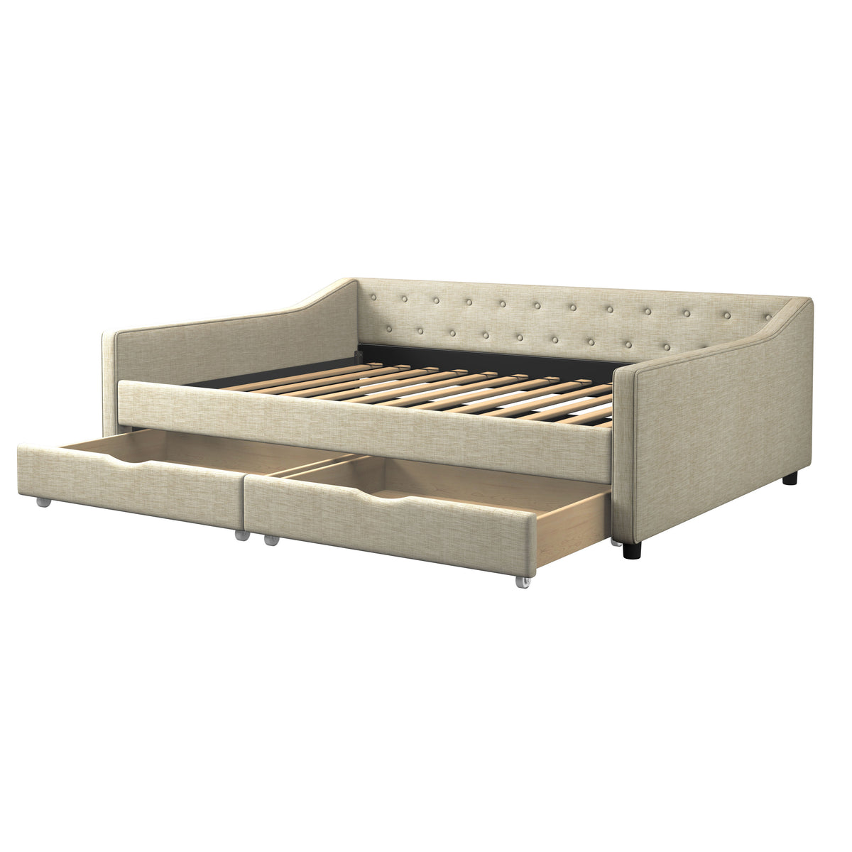 Full Size Daybed with Drawers Upholstered Tufted Sofa Bed, with Button on Back and Piping on Waved Shape Arms-Beige W2336S00007-djyc