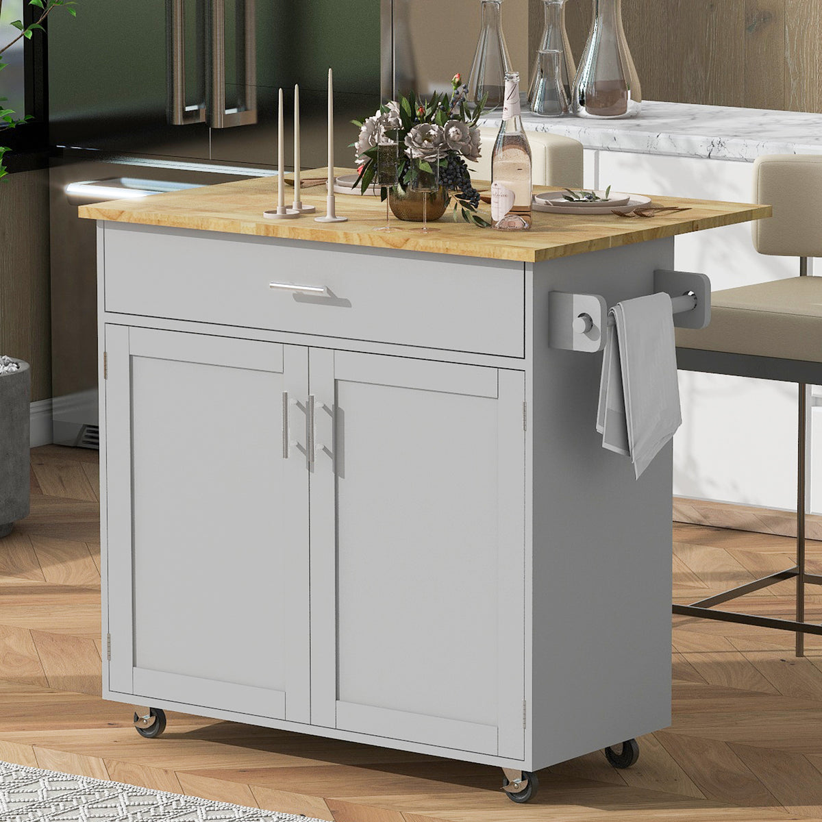 K&K Rolling Kitchen Island with Storage, Kitchen Cart with Rubber Wood Top, Spacious Drawer with Divider and Internal Storage Rack, Kitchen Island on Wheels with Adjustable Shelf Tower Rack, Grey WF316601AAG-djyc