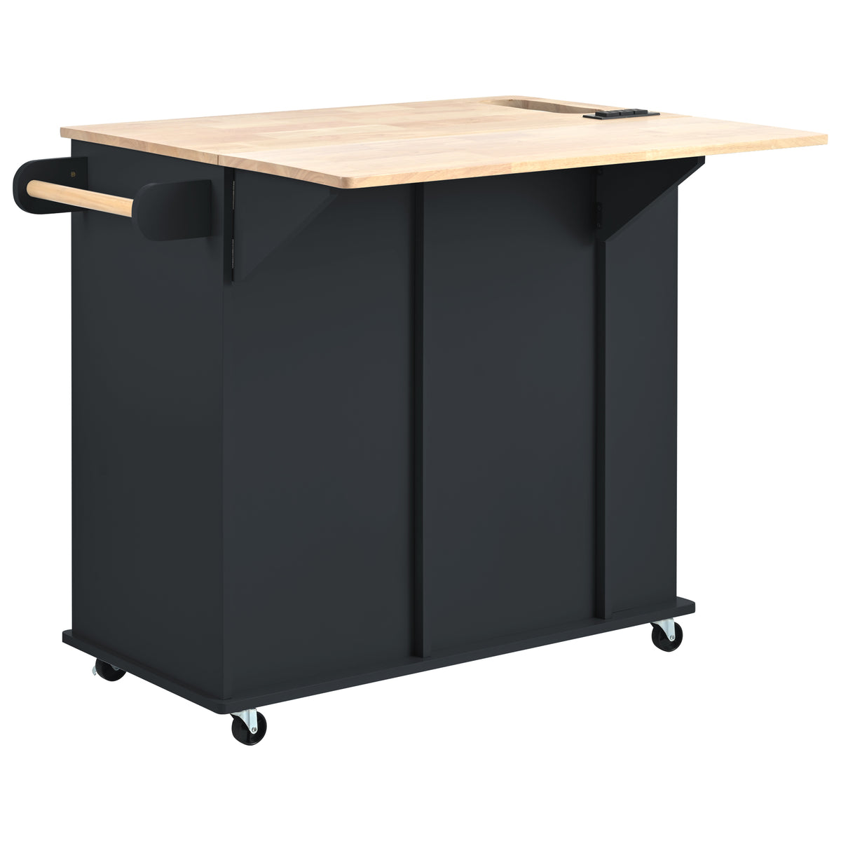 Kitchen Island with Power Outlet,Kitchen Storage Island with Drop Leaf and Rubber Wood,Open Storage and Wine Rack,5 Wheels,with Adjustable Storage for Home, Kitchen, and Dining Room, Black WF305556AAB-djyc