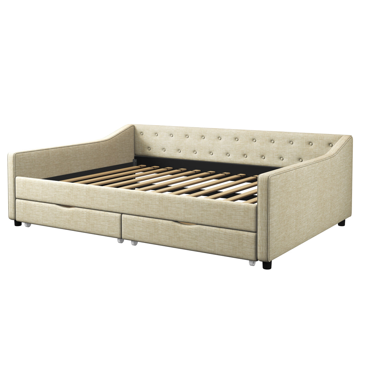 Full Size Daybed with Drawers Upholstered Tufted Sofa Bed, with Button on Back and Piping on Waved Shape Arms-Beige W2336S00007-djyc