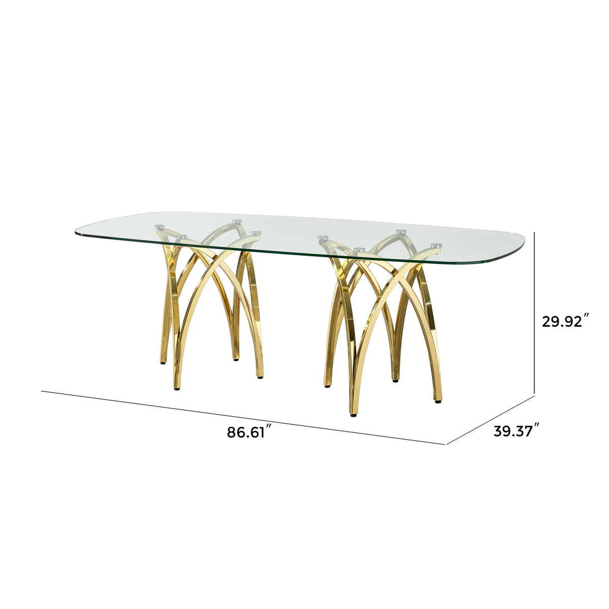 0.47" Thick Tempered Clear Glass Rectangular Big Dining Table with Gold Stainless Steel Base 86.61" L x 39.37" W x 29.92" H W2723S00001-djyc