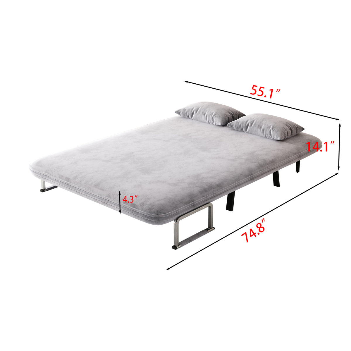 velvet light gray 55″ Convertible Chair Bed, Tri-Fold Sofa Bed with Adjustable Backrest & Pillow, Leisure Chaise Lounge Couch with Sturdy Steel Frame for Home & Office, Comfortable Sleeper Chair W1767P145839-djyc