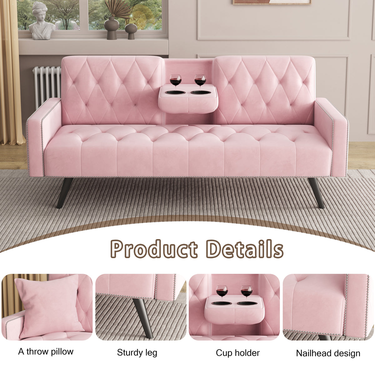 1730 Sofa Bed Armrest with Nail Head Trim with Two Cup Holders 72" Pink Velvet Sofa for Small Spaces W127850868-djyc