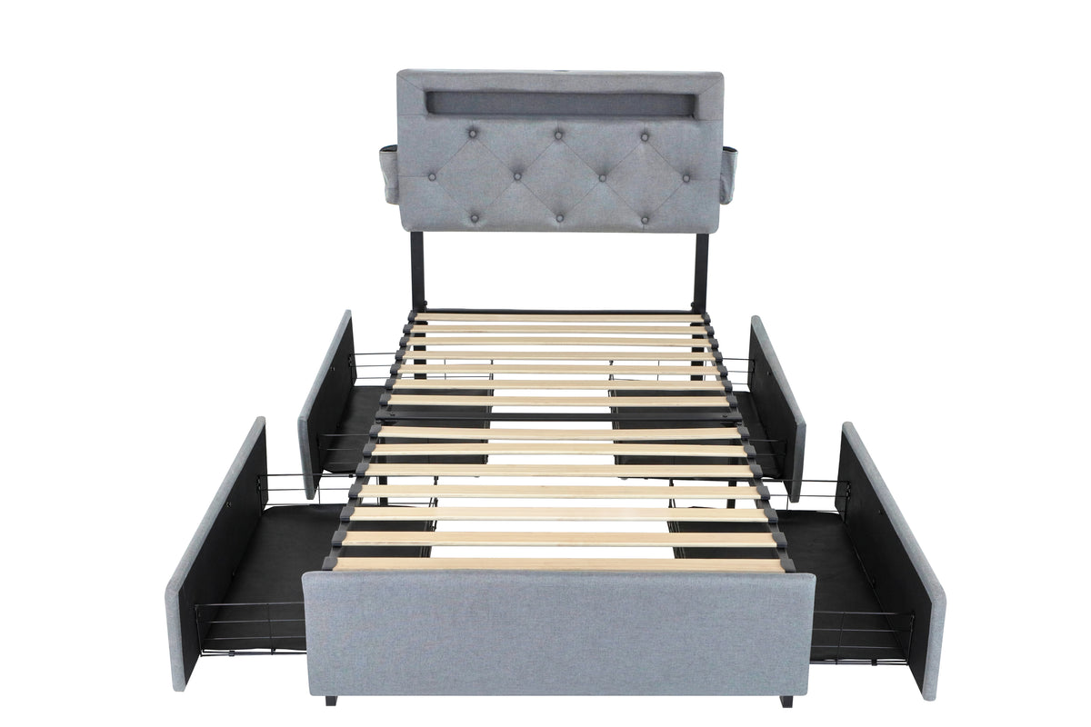 Twin Bed Frame with USB Charging Station & LED Lights, Twin Bed Frame with Headboard & 4 Storage Drawers W1960P175563-djyc