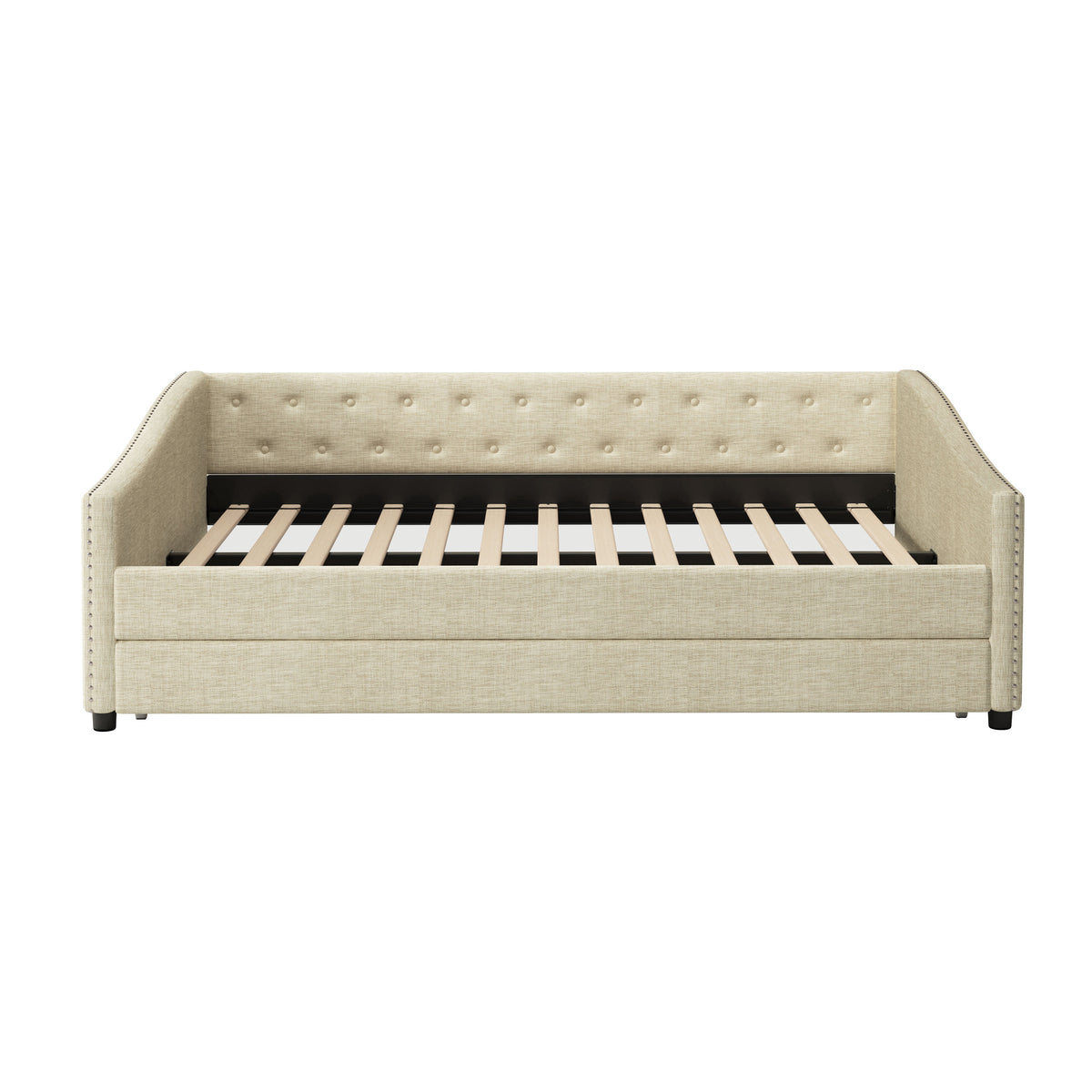 Full Size Daybed with Twin Size Trundle Upholstered Tufted Sofa Bed, with Button on Back and Copper Nail on Waved Shape Arms-Beige W2336S00011-djyc