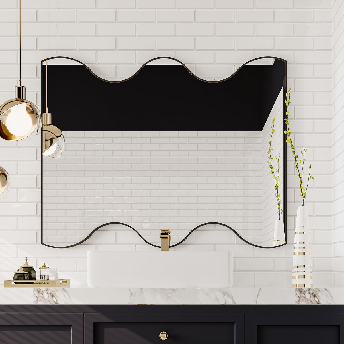 Wall Mirror 30x35 Inch Black Rectangular Mirror with 2 Wavy Sides Metal Framed Mirror Vanity Mirror Dressing Mirror, for Bathroom, Living Room, Bedroom Wall Decor W1435133318-djyc