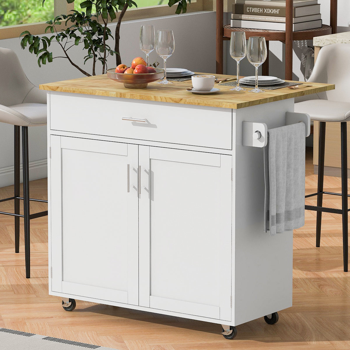 K&K Rolling Kitchen Island with Storage, Kitchen Cart with Rubber Wood Top, Spacious Drawer with Divider and Internal Storage Rack, Kitchen Island on Wheels with Adjustable Shelf Tower Rack, White WF316601AAW-djyc