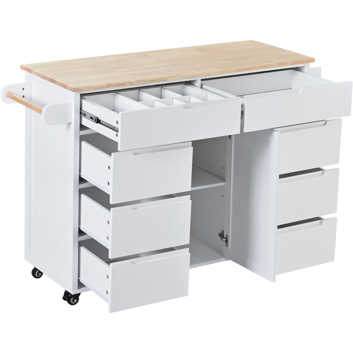 K&K Store Kitchen Cart with Rubber Wood Countertop , Kitchen Island has 8 Handle-Free Drawers Including a Flatware Organizer and 5 Wheels for Kitchen Dinning Room, White SK000002AAW-djyc