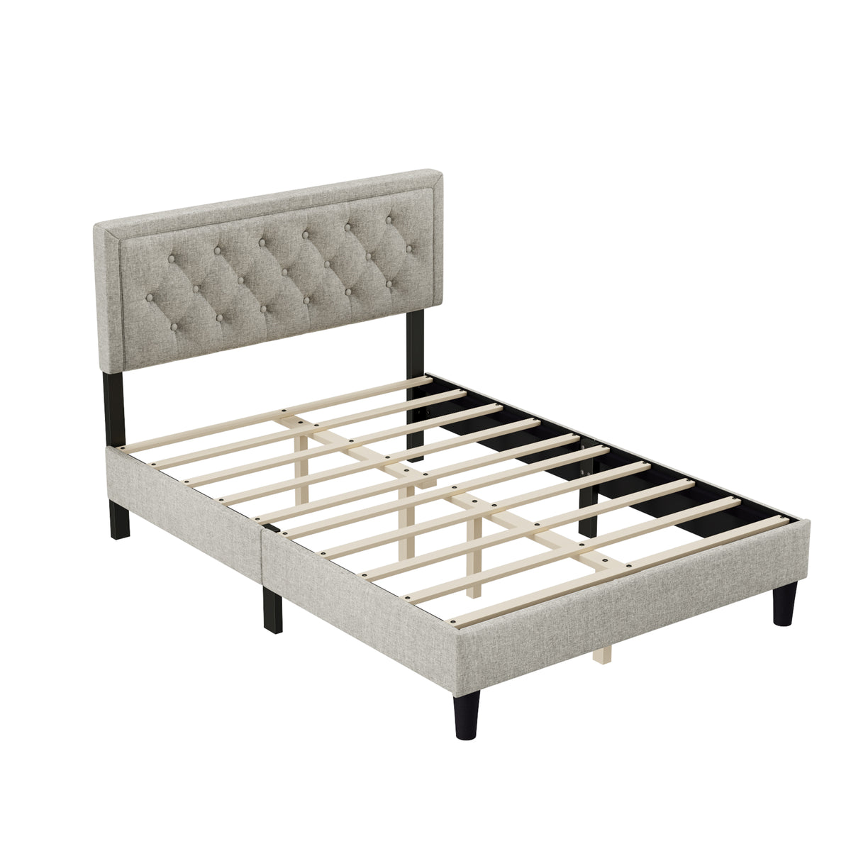 Queen size Panel Bed Frame with Adjustable Button-Tufted Headboard for Bedroom/Linen Upholstered/Wood Slat Support/Easy Assembly,Linen Beige W1793140495-djyc