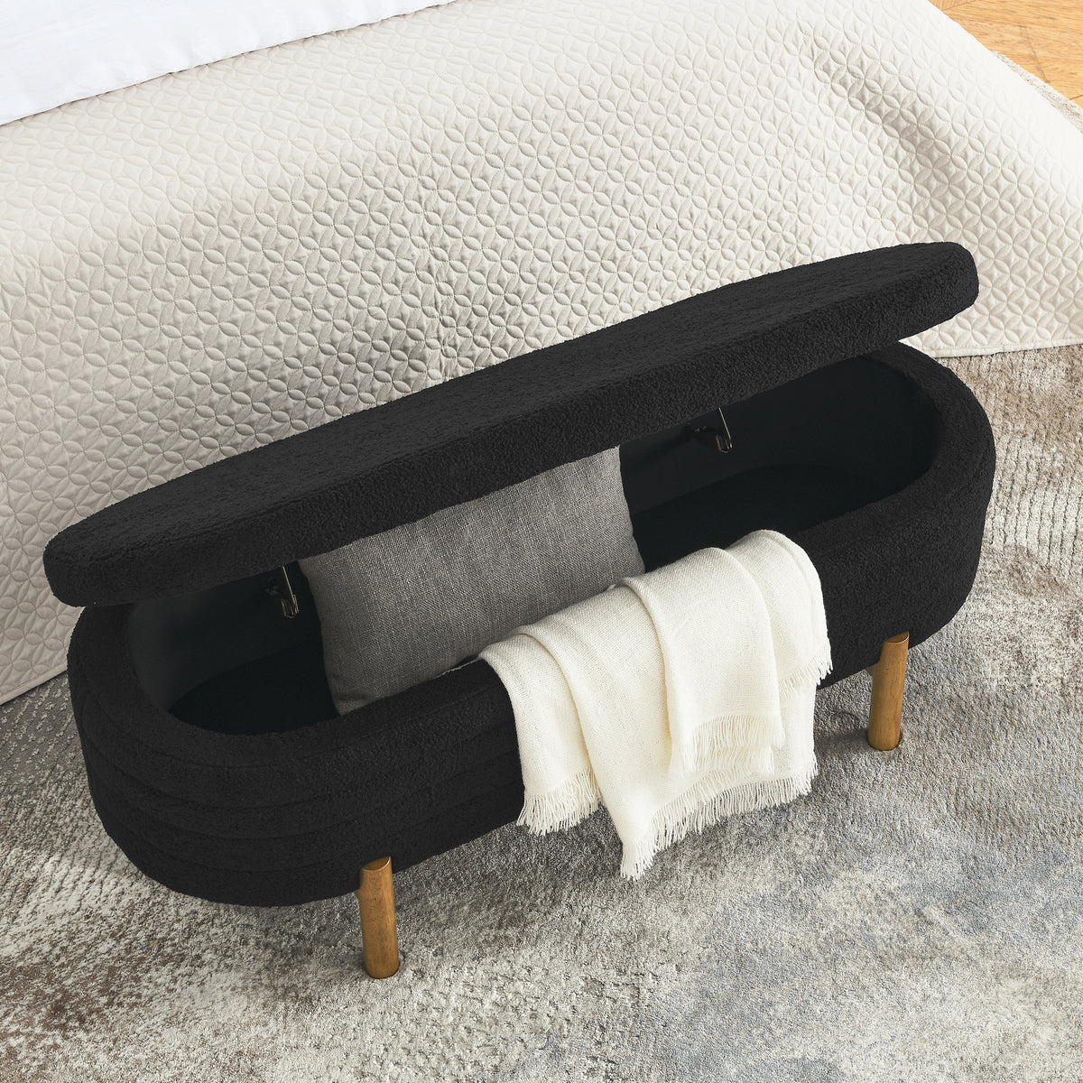 Ottoman Oval Storage Bench,Rubber Wood Leg,Black(46."x17.7"x10.8") W487P178760-djyc