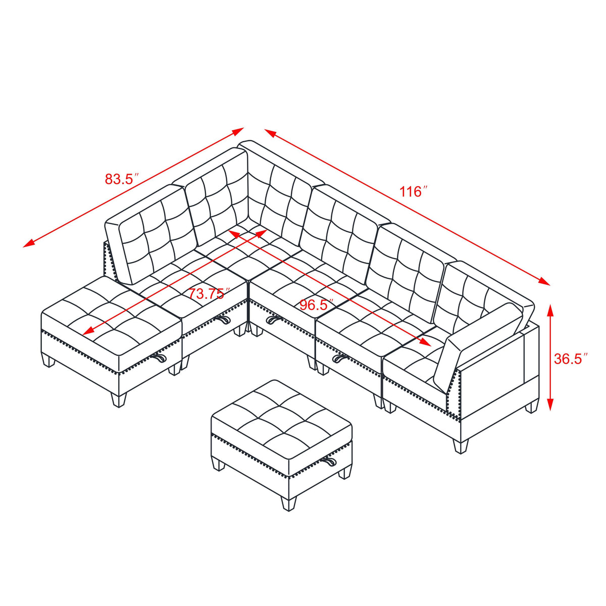 L shape Modular Sectional Sofa,DIY Combination,includes Three Single Chair ,Two Corner and Two Ottoman,Black Velvet. W487S00071-djyc