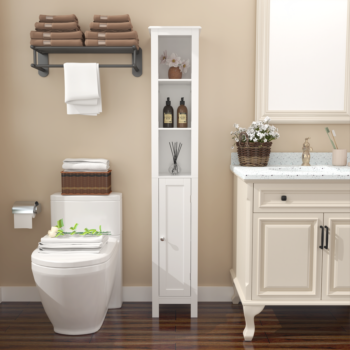 66.92" Tall Bathroom Storage Cabinet with Adjustable Shelves,Slim 1 Doors Freestanding Cabinet with Anti-Tip, Open compartments, for Home, Small Spaces, Bathroom,Kitchen, Living Room, White W808P174804-djyc