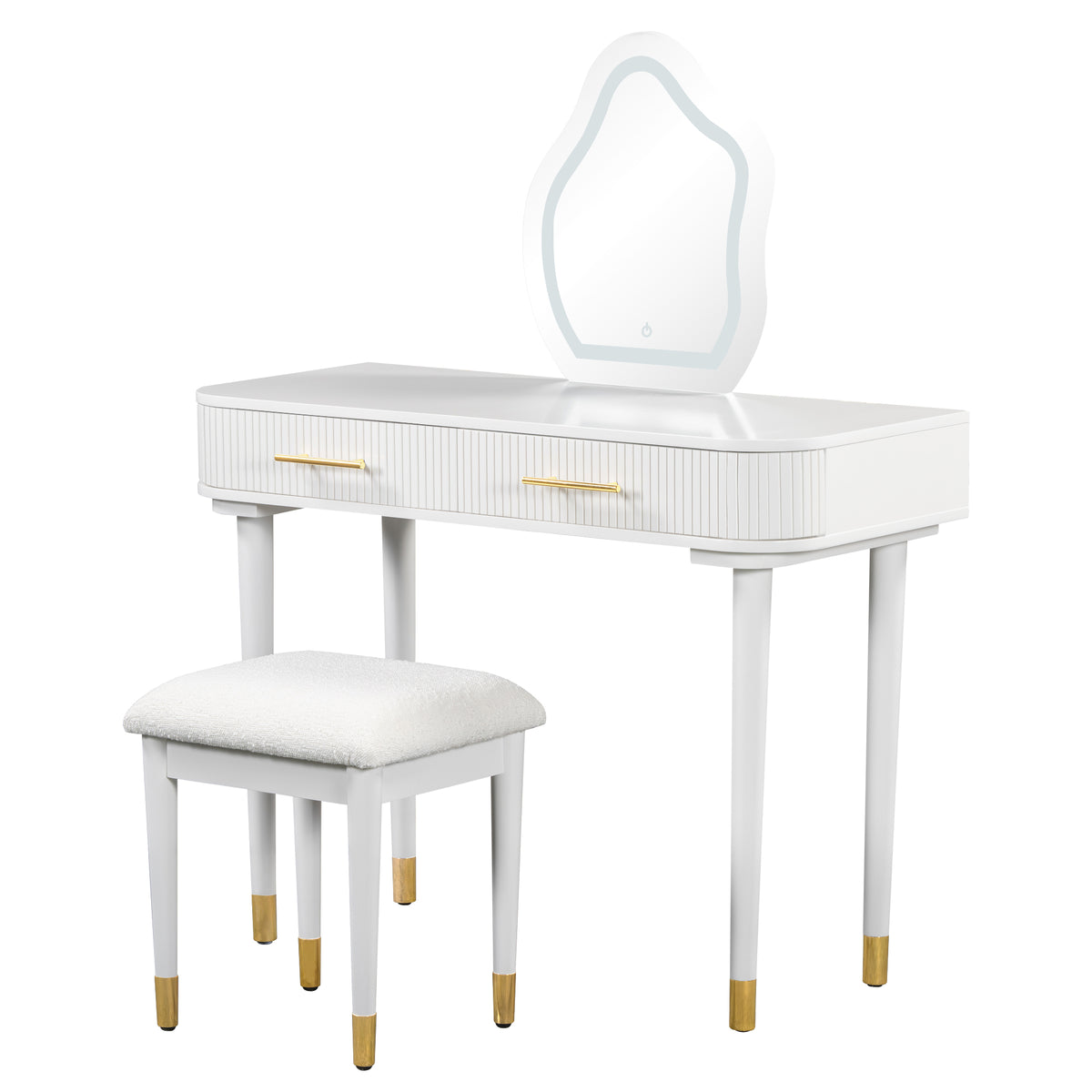 40" Modern Vanity Table Set with Mirror Touch Screen Lighted Mirror, Dressing Table and Cushioned Stool Set with 2 Large Drawers, White N704P196657K-djyc