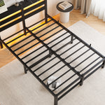 Full Size Metal Bed Frame with Wooden Headboard, RGB Lights, Outlets & Charger, Storage Shelf, Noise-Free, No Box Spring Needed W840P209906-djyc