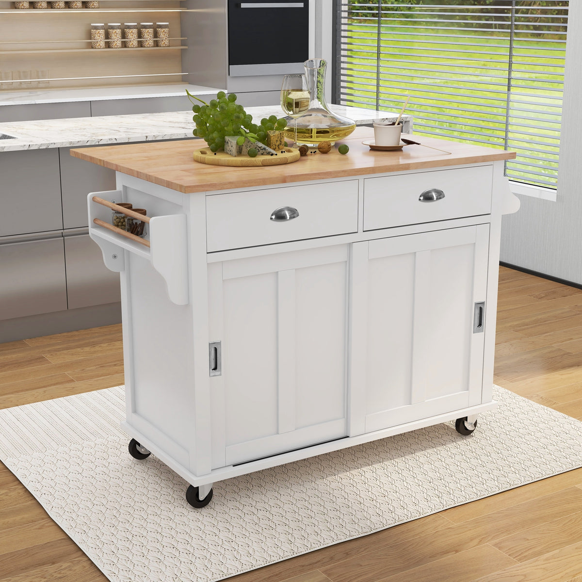 Kitchen Cart with Rubber wood Drop-Leaf Countertop, Concealed sliding barn door adjustable height,Kitchen Island on 4 Wheels with Storage Cabinet and 2 Drawers,L52.2xW30.5xH36.6 inch, White SK000001AAW-djyc