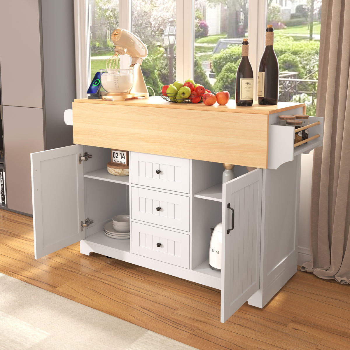 K&K 55.7'' Large Kitchen Island with 2 Drop Leaf,, Rolling Kitchen Cart on 5 Wheels with Power Outlet, Folding Storage Dining Table with Spice & Towel Rack , 3 Drawers, for Kitchen, Dining Room,White N707P186617W-djyc