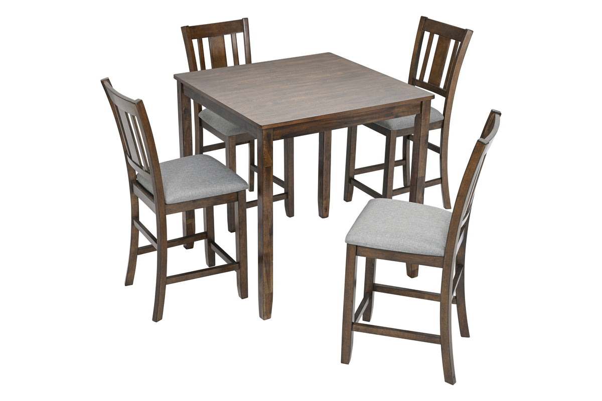 5 Piece Dining Table Set, Wooden Dining Square Table Set for 4, Counter Height Kitchen Table Set with Square Table and 4 Upholstered Chairs for Small Space, Walnut W1998S00035-djyc